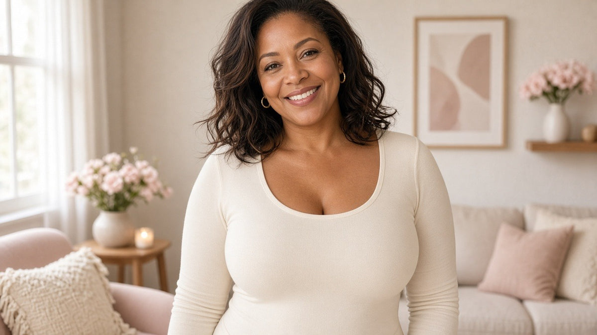 Smiling woman in a cream top at home — JoyDrop SculptLift Wire-Free Bra