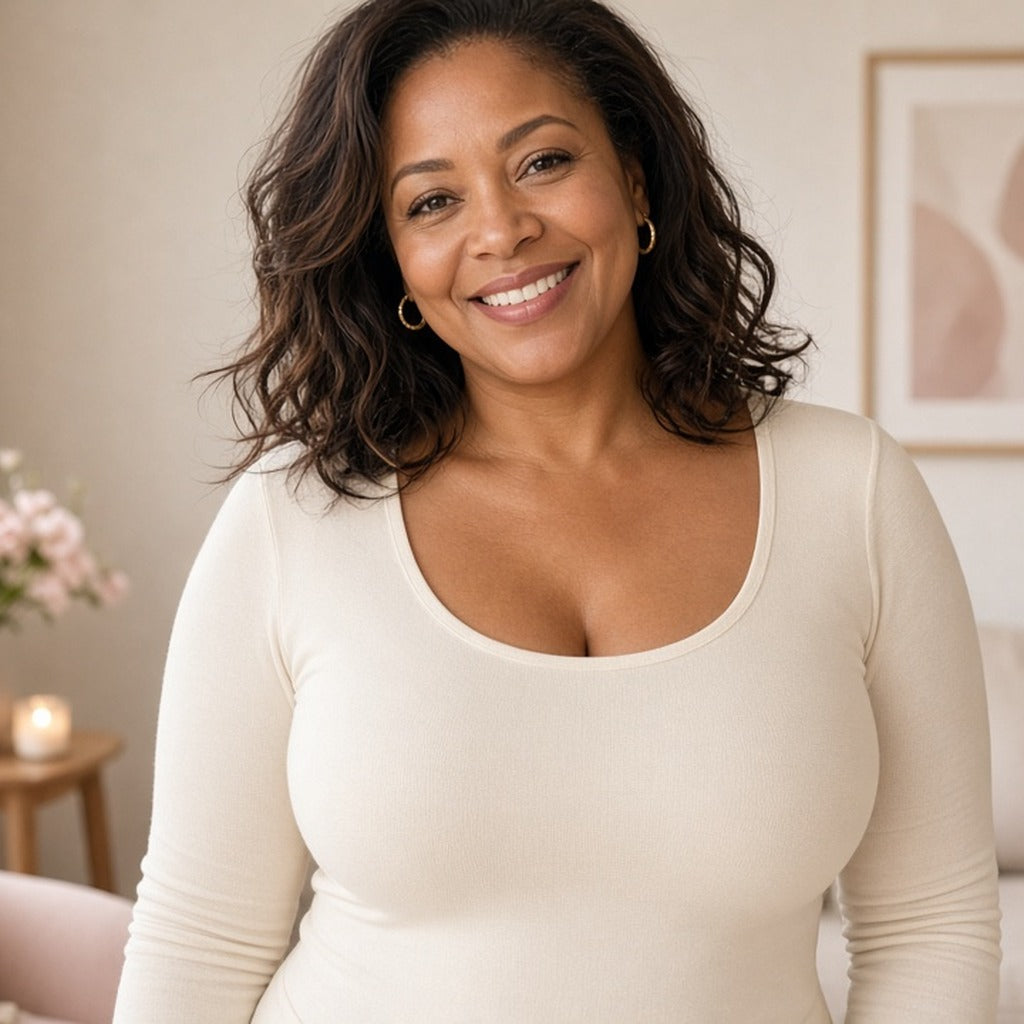 Smiling woman in a cream top wearing the JoyDrop SculptLift Wire-Free Bra underneath at home