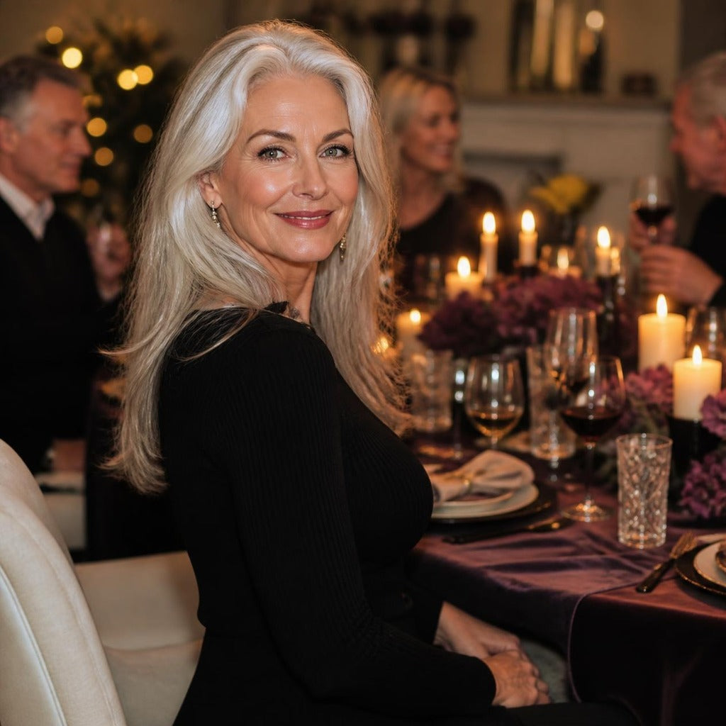 Silver-haired woman in a fitted black top at a holiday dinner, wearing the SculptLift Wire-Free Bra underneath