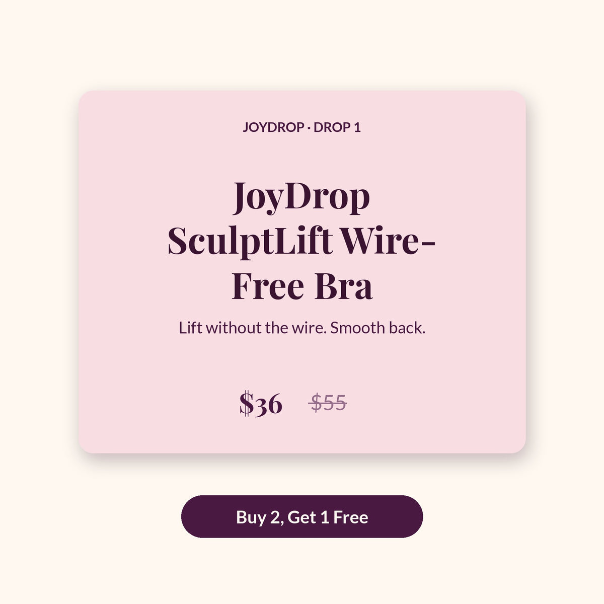JoyDrop SculptLift Wire-Free Bra product card on blush with price and Buy 2, Get 1 Free