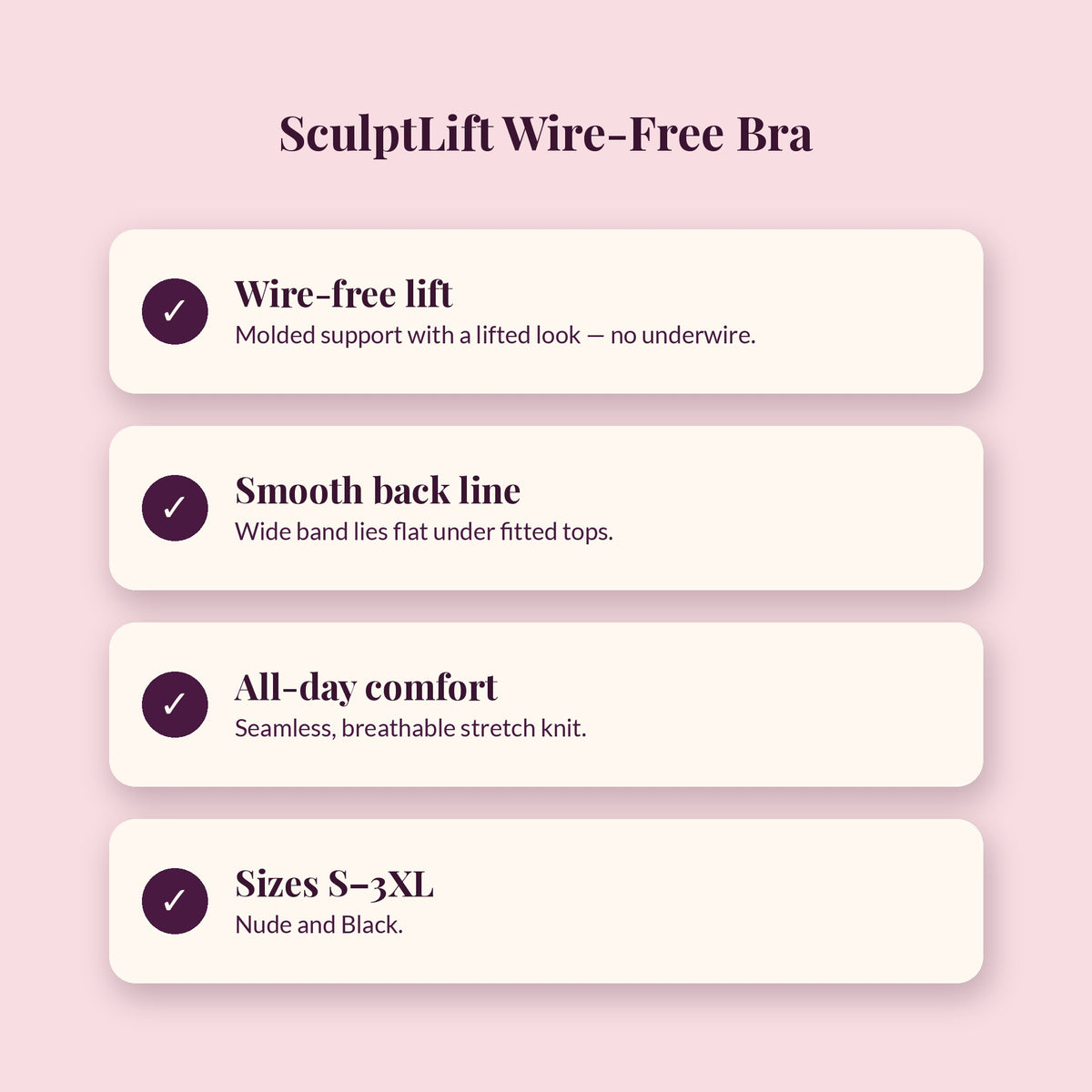 JoyDrop SculptLift Wire-Free Bra key benefits graphic
